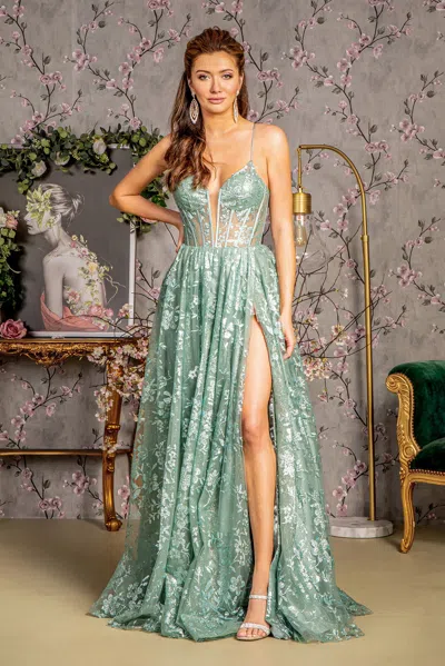 Gls Long Formal Sequin Print Prom Dress In Green