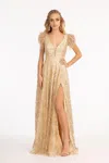Gls Long Formal Sleeveless Feather Prom Dress In Gold