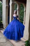 Gls Long Glitter Applique Quinceanera Dress In Blue