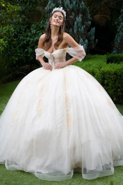 Gls Long Glitter Beaded Quinceanera Dress In White