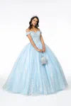Gls Long Glitter Mesh Quinceanera Dress In Blue