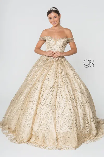 Gls Long Glitter Mesh Quinceanera Dress In Neutral