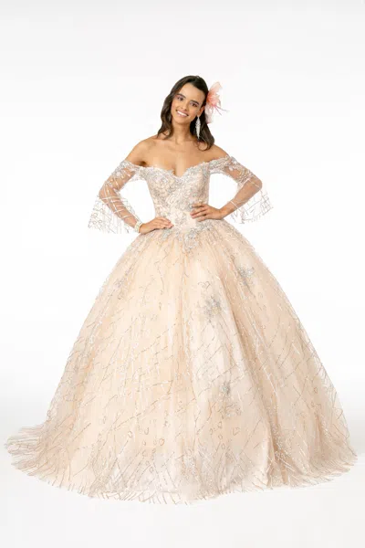 Gls Long Glitter Mesh Quinceanera Dress In Nude