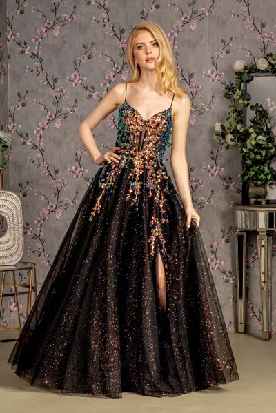 Gls Long Glitter Sequin Formal Prom A Line Dress In Black