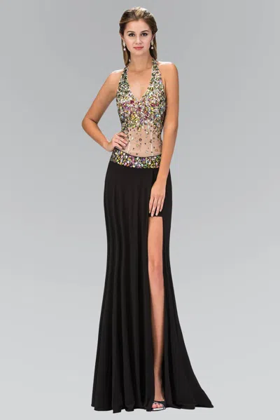 Gls Long Halter Prom Formal Dress With Side Slit In Black