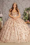 Gls Long Metallic 3d Flower Quinceanera Ball Gown In Gold