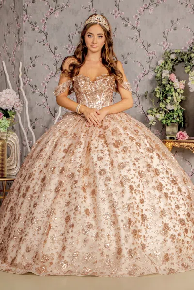 Gls Long Metallic 3d Flower Quinceanera Ball Gown In Gold