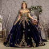 Gls Long Metallic Quinceanera Dress Cape Ball Gown In Blue