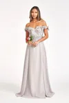 Gls Long Off Shoulder Formal Chiffon Prom Gown In Silver