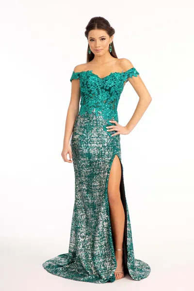 Gls Long Off Shoulder Formal Sequins Prom Dress In Green