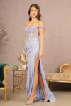 Gls Long Off Shoulder Glitter Prom Gown In Blue