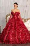 Gls Long Off Shoulder Quinceanera Glitter Mesh Dress In Burgundy