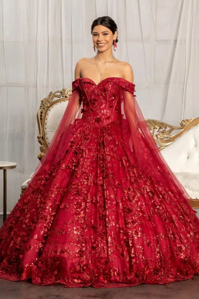 Gls Long Off Shoulder Quinceanera Glitter Mesh Dress In Burgundy
