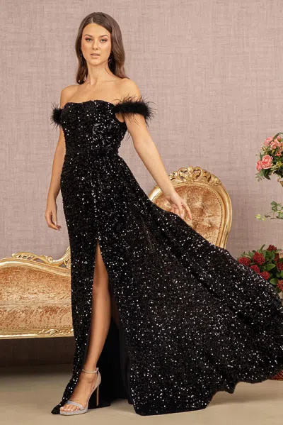 Gls Long Off Shoulder Velvet Prom Dress In Black