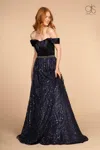 Gls Long Off The Shoulder Glitter Print Prom Dress In Blue
