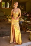 Gls Long Pleated Formal Slit Prom Dress In Gold