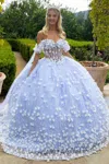 Gls Long Quinceaneara Dress 3d Floral Applique Glitter Ball Gown In Blue