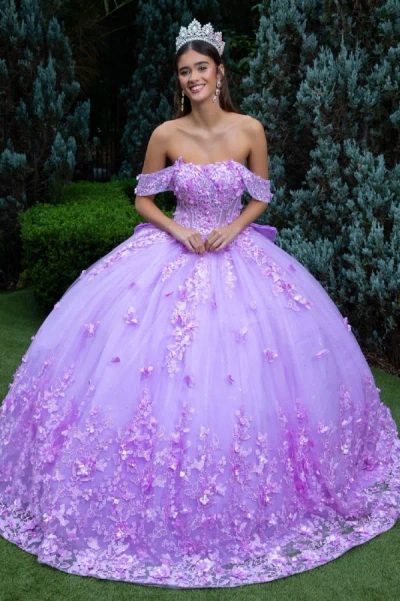 Gls Long Quinceanera Dress 3d Floral Ball Gown In Purple