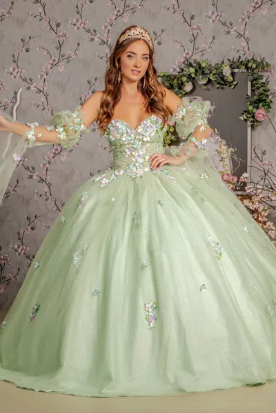 Gls Long Quinceanera Dress 3d Flower Ball Gown In Green