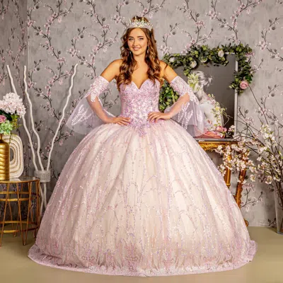 Gls Long Quinceanera Dress Detachable Sleeves Ball Gown In Pink