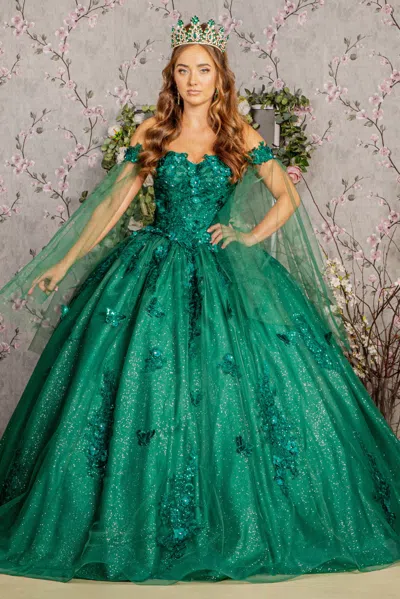 Gls Long Quinceanera Dress Glitter Ball Gown In Green