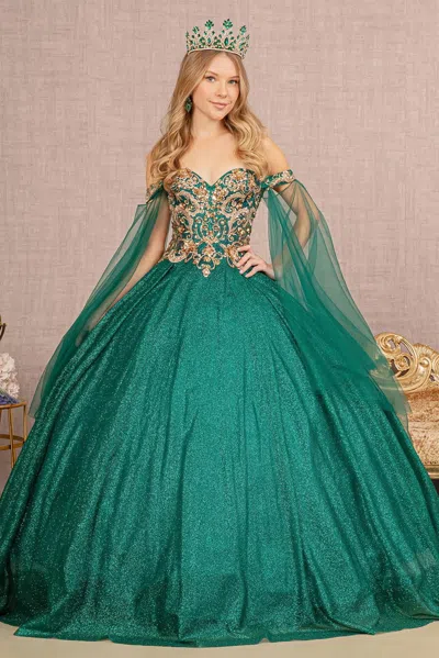 Gls Long Quinceanera Dress Glitter Mesh Ball Gown In Green