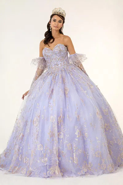 Gls Long Quinceanera Dress Glitter Mesh Ball Gown In Purple