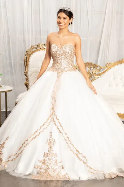 Gls Long Quinceanera Dress Strapless Glitter Ball Gown In White