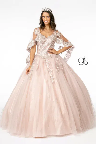 Gls Long Quinceanera Glitter Mesh Ball Gown Cape Sleeve In Pink