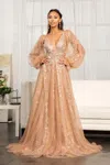 Gls Long Sleeve Formal Glitter Evening Prom Dress In Brown