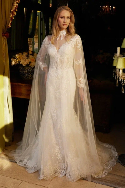 Gls Long Sleeve Mermaid Bridal Gown Cape Wedding Dress In Neutral