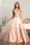 Gls Long Sleeveless Formal Glitter Prom Slit Dress In Pink