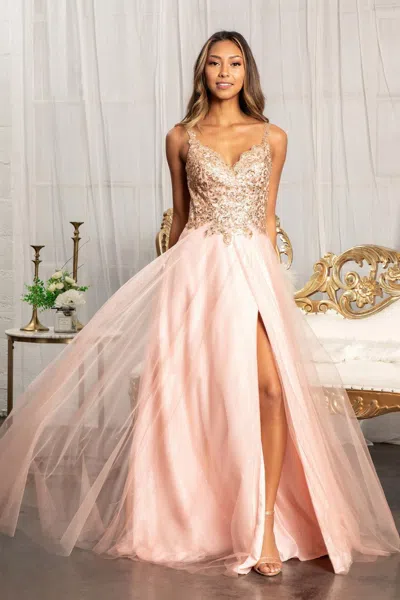 Gls Long Sleeveless Formal Glitter Prom Slit Dress In Pink
