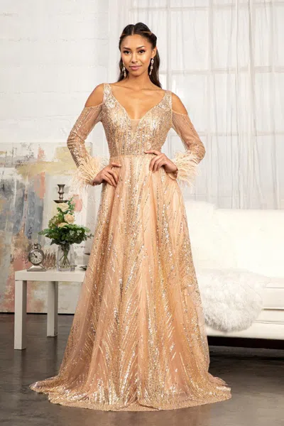 Gls Long Sleeves Glitter A Line Long Prom Dress In Gold