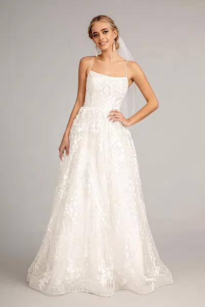 Gls Long Spaghetti Strap Floral Mesh Wedding Dress In White