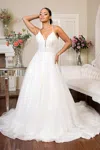 Gls Long Spaghetti Strap Glitter Mesh Wedding Dress In White