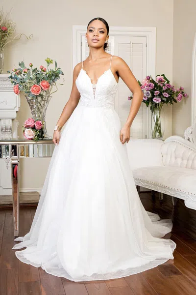 GLS LONG SPAGHETTI STRAP GLITTER MESH WEDDING GOWN