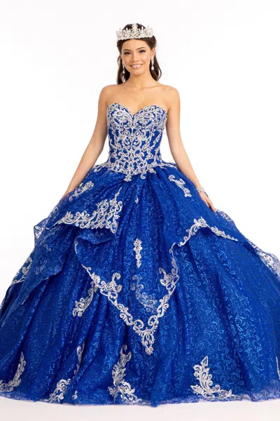 Gls Long Strapless Ball Gown Glitter Quinceanera Dress In Blue