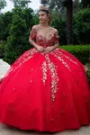 Gls Long Sweet 16 Glitter Ball Gown Quinceanera Dress In Red