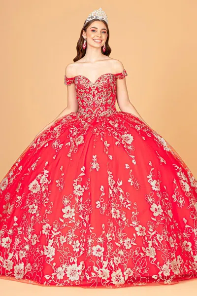 Gls Long Sweet 16 Glitter Quinceanera Dress In Red