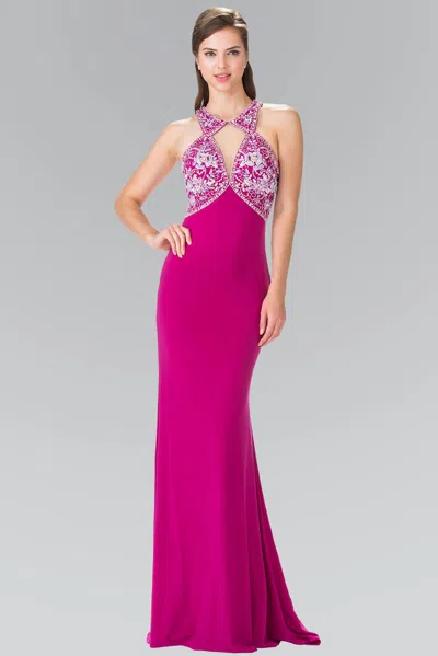 Gls Magenta Long Formal Prom Beaded Halter Dress In Purple