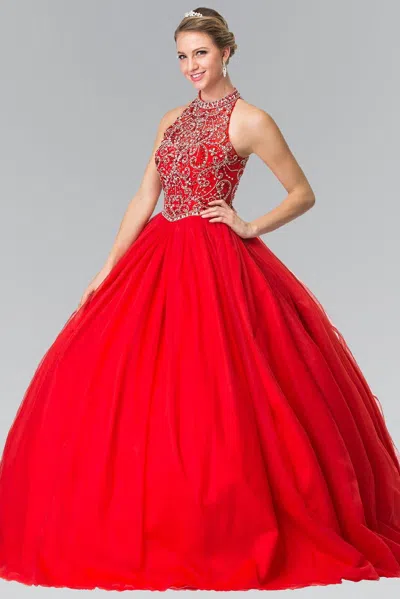 Gls Mesh Long Quinceanera Dress With Beaded Bodice In Red