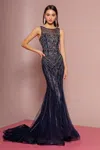 Gls Navy Jewel Embellished Lace Long Prom Dress In Blue