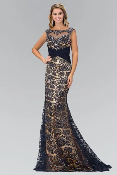 Gls Navy Lace Prom Long Dress Evening Gown With Iridescent Crystals In Blue
