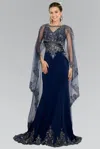 Gls Navy Long Evening Gown Prom Dress With Cape Sleeves In Blue