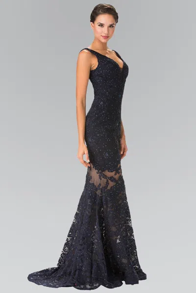 Gls Navy Long Formal Fitted Lace Prom Dress In Blue