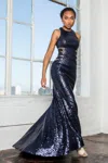 Gls Navy Long Formal Prom Dress With Sequins In Blue