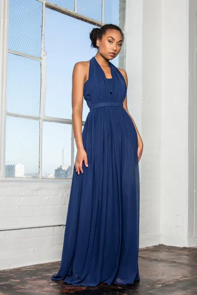 Gls Navy V-neck Halter Chiffon Long Formal Dress In Blue