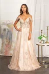 Gls Off Shoulder  A-line Long Prom Dress In Gold
