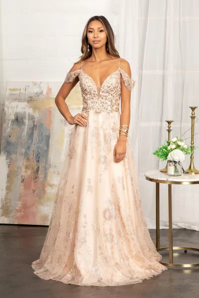 Gls Off Shoulder  A-line Long Prom Dress In Gold